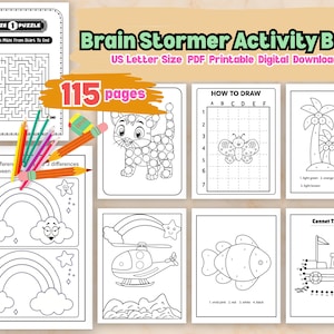 May include: A set of printable activity pages for children, including mazes, dot-to-dot puzzles, drawing guides, and colouring pages. The pages feature images of a cat, rainbow, helicopter, and fish. The title "Brain Stormer Activity Book" is displayed.