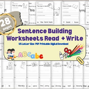 May include: A set of 28-page sentence-building worksheets for reading and writing, designed for US Letter size. The worksheets include illustrations and sentence tracing activities, with colourful pencils and scissors.