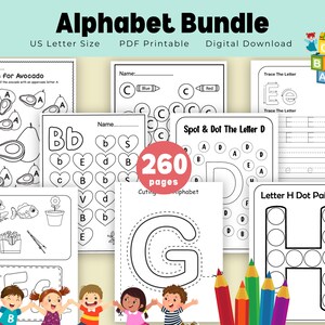 Cuaderno de ejercicios del alfabeto para niños de 260 páginas: actividades para trazar, colorear, marcar puntos y letras. Descarga instantánea.