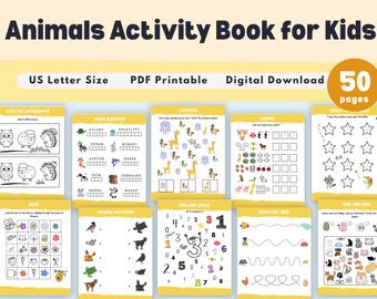 50 Page Animal Activity Book for Kids, Coloring, Puzzles, Tracing, and Matching Games for Preschool and Kindergarten Animal Theme Learning