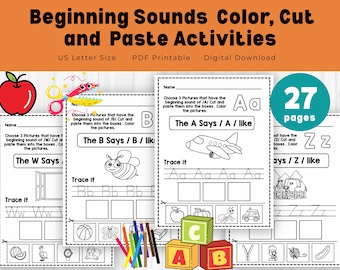 27 Pages Beginning Sounds Cut and Paste | A–Z Alphabet Phonics Printable | Preschool and Kindergarten PDF Activity