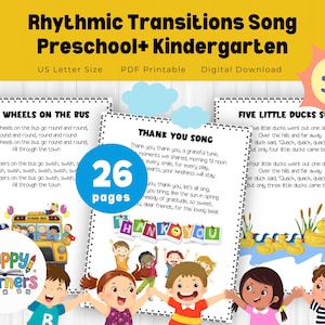 May include: A set of 26 printable pages featuring songs for preschool and kindergarten. The pages include illustrations of a school bus, ducks, and children. The song titles are "The Wheels on the Bus", "Thank You Song", and "Five Little Ducks".