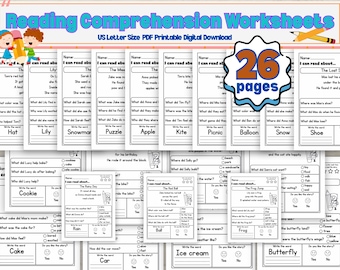May include: Reading comprehension worksheets in US Letter size. The digital download includes 26 pages of reading exercises. Each page features a short story with questions to test understanding. Includes stories about a hat, lily, and a snowman.