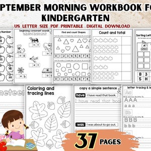 September Morning Workbook, 37 Pages of Daily Kindergarten Practice, Kindergarten Morning Work Pack, Daily Skill Practice for Kids, pdf