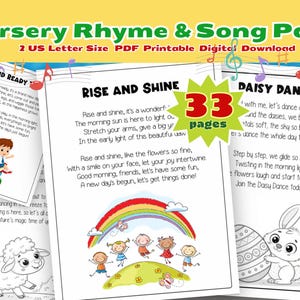 Op de afbeelding: Een digitale download van een kinderrijmpjes- en liedjespakket. De omslag toont de tekst "Nursery Rhyme & Song Pack" en "2 US Letter Size PDF Printable Digital Download". Het pakket bevat 33 pagina's met afdrukbare inhoud met kleurrijke illustraties.