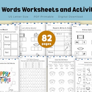 May include: A set of CVC word worksheets and activities, including picture matching, word searches, and fill-in-the-blank exercises. The worksheets are US Letter size, PDF printable, and a digital download. The image shows 82 pages of educational content.