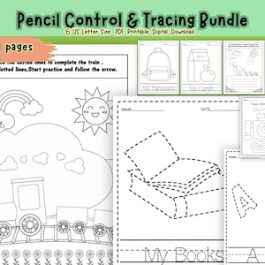 May include: A digital pencil control and tracing bundle with 72 pages. The bundle includes printable worksheets with dotted lines for tracing shapes, letters, and objects like a train, backpack, and books. The text "Pencil Control & Tracing Bundle" is at the top.