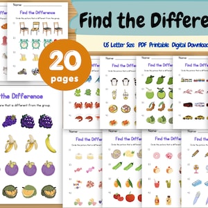 May include: A collection of 20 printable "Find the Difference" worksheets. Each page features colorful illustrations and the text "Find the Difference" and "Circle the picture that is different from the group." The worksheets are US Letter size and available as a PDF digital download.