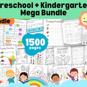 May include: A collection of educational workbooks for preschool and kindergarten, featuring tracing, coloring, and number activities. The bundle includes 1500 pages of learning materials, with colorful illustrations and the text "Preschool + Kindergarten Mega Bundle".