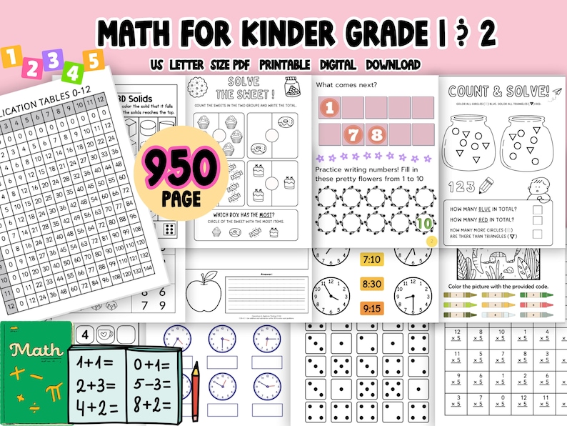 Printable Math Mega Bundle for Kindergarten, Grade 1 & Grade 2 – 950 Pages of Fun Math Worksheets for Kids