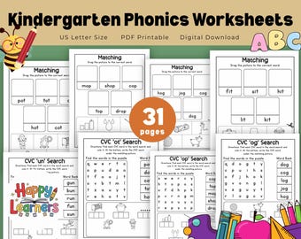 Kindergarten Reading Practice, 31 CVC Word Worksheets, Early Phonics & Writing Skills, Homeschool PDF