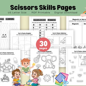 Puede incluir: Un conjunto de páginas imprimibles de habilidades con tijeras para niños. Las páginas incluyen actividades como práctica de corte, emparejamiento y pegado. El título "Scissors Skills Pages" está en la parte superior, con "US Letter Size" y "PDF Printable".