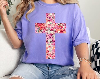 Koszulka z nadrukiem Floral Cross Comfort Colors | Koszulka z grafiką Christian Faith | Koszulka z motywem religijnym