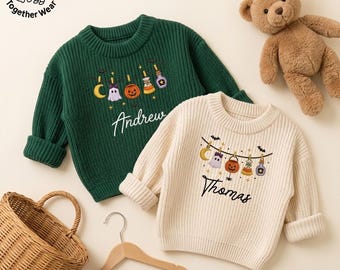 EMBROIDERED Halloween Knitted Sweater, Personalized Baby Name Sweater, Pumpkin Ghost Kids Sweatshirt, Trick or Treat Outfit, First Halloween