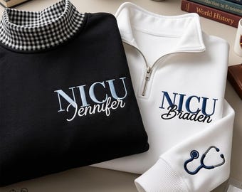 EMBROIDERED NICU Nurse Gingham Mock Neck Sweatshirt, Neonatal Intensive Care Unit, Personalized NICU Name Sweater, Nurse Graduate Shirt