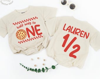 Personalized Half Way To One Pizza Kids T-Shirt Romper, Half Birthday Outfit. Six Month Birthday, Baby Boy Romper, Baby Clothes