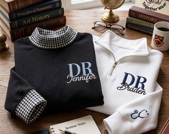 EMBROIDERED DR Name Nurse Gingham Mock Neck Sweatshirt, Doctor Appreciation Sweater, Medical School Graduation Shirt, Doctor Apparel Shirt