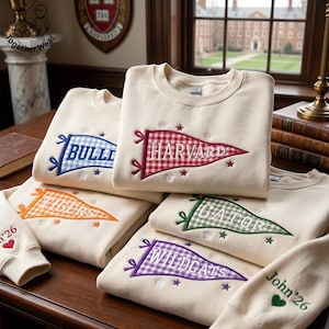 EMBROIDERED College Pennant Sweatshirt, University High School Flag Name Sweater, School Spirit Crewneck, Graduation Shirt