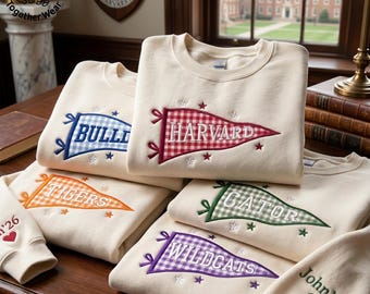 EMBROIDERED College Pennant Sweatshirt, University High School Flag Name Sweater, School Spirit Crewneck, Graduation Shirt