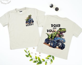 Personalized Dinosaur Monster Truck Toddler T-Shirt, T-Rex and Monster Truck Kids Shirt, Birthday Gift for Baby Boy, Truck Boys Shirt