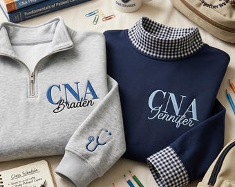 EMBROIDERED CNA Gingham Mock Neck Sweatshirt, Certified Nursing Assistant Quarter Zip, Personalized CNA Name Sweater, Nurse Appreciation