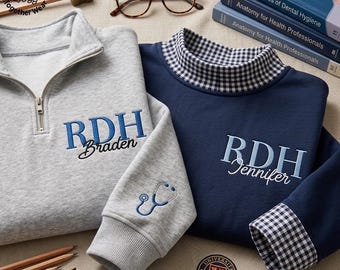 EMBROIDERED RDH Name Gingham Mock Neck Sweatshirt, Registered Dental Hygienist Quarter Zip, Dental Clinic Graduate Sweater, Dentistry Shirt