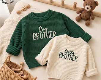 EMBROIDERED Sibling Matching Sweaters, Big Brother Little Brother Sweaters, Brother Announcement, Gender Reveal Kintted Outfit, Gift For Boy