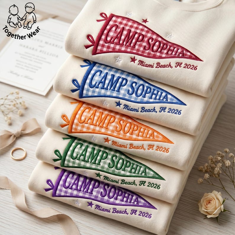 May include: A stack of cream-colored sweatshirts embroidered with pennant designs. Each pennant features the text "CAMP SOPHIA" and "Miami Beach, FL 2026" in various colors: red, blue, orange, green, and purple. The sweatshirts are neatly folded.