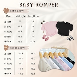 May include: Baby romper size chart with long and short sleeve measurements in inches. Includes a pink and black romper, baby shoes, and a variety of colored rompers on hangers: sand, white, sport grey, light pink, light blue, and black.
