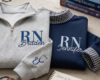 EMBROIDERED RN Nurse Gingham Mock Neck Sweatshirt, Personalized RN Name Sweater, Registered Nurse Quarter Zip, Nursing School Shirt