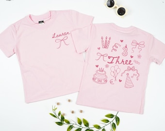 Personalized Three Birthday Girl Toddler, Age 3 Coquette Kid Shirt, Coquette Bow Birthday Outfit, Third Birthday Kids Tee, 3 Year Old Todder