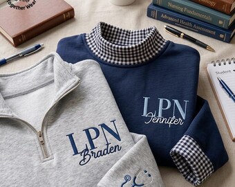 EMBROIDERED LPN Gingham Mock Neck Sweatshirt, Licensed Practical Nurse Quarter Zip, Personalized LPN Name Sweater, Lpn Nurse Appreciation