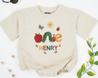EMBROIDERED Hungry Caterpillar Baby Romper, One Fruit Worm Baby Outfit, First Birthday Bodysuit, Insect Sun Theme Party Baby Clothing