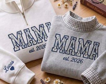 EMBROIDERED Mama Floral Gingham Mock Neck Sweatshirt, Mama Crewneck, Custom Mama Est. Year Sweater, New Mom Gift, Motherhood Shirt