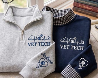EMBROIDERED Vet Tech Gingham Mock Neck Sweatshirt, Custom Veterinarian Name Sweater, Veterinarian Technician Quarter Zip, Veterinary Shirt