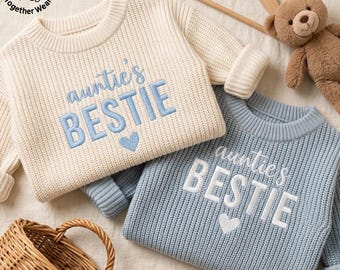 Embroidered Auntie's Bestie Knit Sweater, Auntie Baby Sweater, Cute Aunt Kids Outfit, New Auntie Gift, Pregnancy Announcement, Newborn Gift