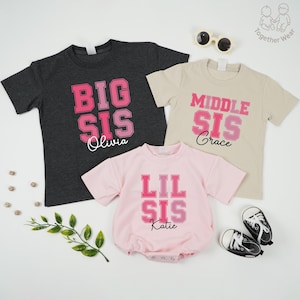 Personalized Sister Matching Outfit, Lil Sis Baby Romper, Mid Sis Toddler, Big Sis Youth Tee, Siblings Announcement Tee, Baby Shower Gift