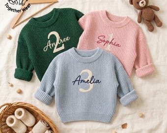 Embroidered Baby Name Knit Sweater, Personalized Birthday Number Kids Sweater, Sibling Matching Sweater, Baby Birthday Matching Outfit