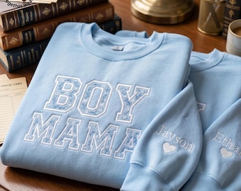 EMBROIDERED Boy Mama Sweatshirt, Mom Of Boy Floral Sweater with Name, Toile Floral Boy Mom Crewneck, Mother's Day Shirt, Maternity Shirt