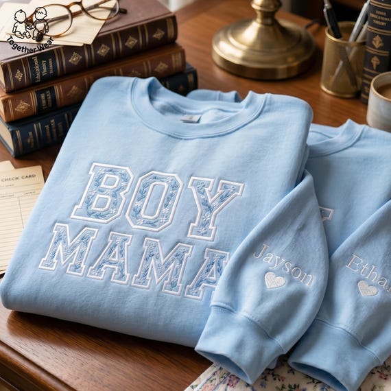 EMBROIDERED Boy Mama Sweatshirt, Mom Of Boy Floral Sweater with Name, Toile Floral Boy Mom Crewneck, Mother's Day Shirt, Maternity Shirt