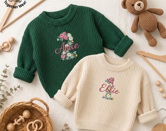 Embroidered Floral Number Knit Sweater, Personalized Baby Name Kids Sweater, Sibling Birthday Matching Sweaters, Baby Birthday Sweater