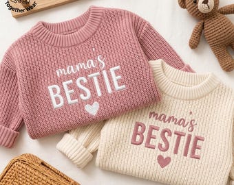 Embroidered Mama's Bestie Knit Sweater, Girl Mama Kids Sweater, Cute Mommy Shirt, New Mom Gift, Mommy and Me Shirt, Cute Matching Outfit