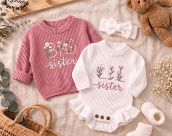 EMBROIDERED Big Sitter Floral Knit Sweater, Flower Little Sister Baby Romper, Botanical Sister Sibling Matching Outfit, Sibling Reveal Gift