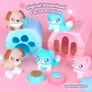 May include: A collection of 3D printed animal figurines including tan dogs and blue cats with large eyes, paired with pastel pet carriers, a white bone, and small food bowls. The text reads Digital Download For 3D Printing and Quailstudio3D.