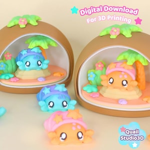 May include: Two brown, dome-shaped structures containing miniature axolotl figures, palm trees, and flowers. One axolotl is blue, the other is orange. Two additional loose axolotl figures in blue and orange sit in front. Text reads: Digital Download For 3D Printing.