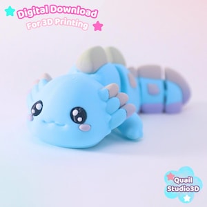 May include: A light blue articulated axolotl figurine with grey dorsal fins and large black eyes. The text Digital Download For 3D Printing appears at the top, and the text Quail Studio3D is in a blue cloud shape at the bottom right corner.