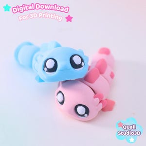 May include: Two articulated axolotl figures, one light blue and one light pink, featuring large black and white eyes and segmented bodies. Text at the top reads Digital Download For 3D Printing, and text at the bottom reads Quail Studio3D.