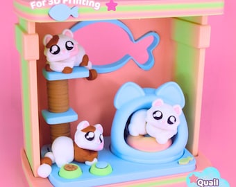 May include: A 3D printed cat playhouse structure featuring a multi-level tower, a cat-shaped cave, and two small cat figurines. The unit includes text reading Digital Download For 3D Printing and Quail Studio3D in a pastel color palette.