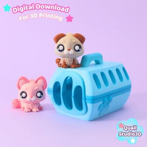 Op de afbeelding: Een lichtblauwe plastic huisdierdrager met handvat en pootafdruk, met een beige en bruin kattenfiguurtje bovenop en een apart roze kattenfiguurtje ernaast. Tekst: Digital Download For 3D Printing en Quail Studio3D.