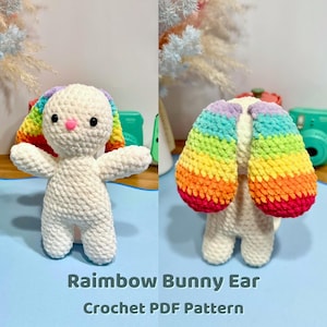 Bunny Crochet Pattern PDF Plushie Amigurumi White Rabbit Pattern Rainbow Ears Beginner Friendly Downloadable Pattern